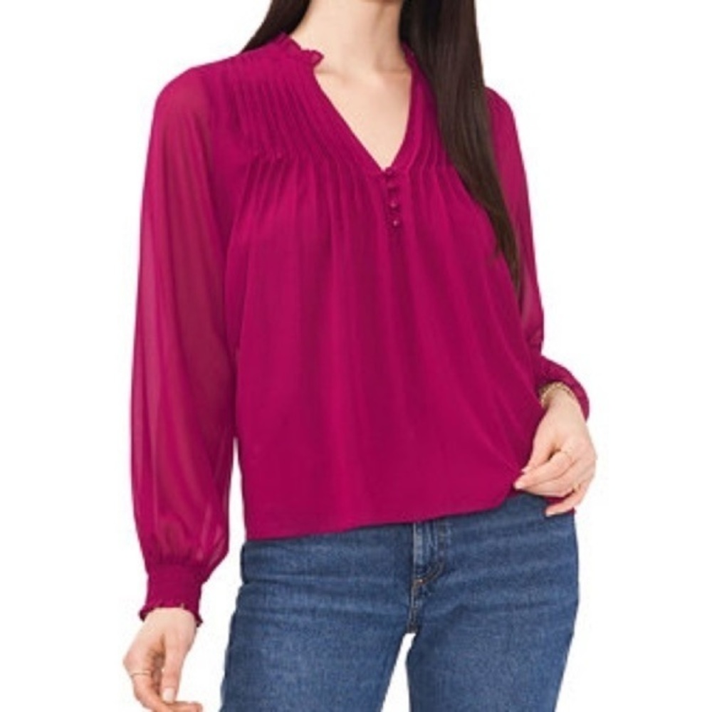 1. State Long Sleeve Pleated Yoke Split Neckline Top Size Small